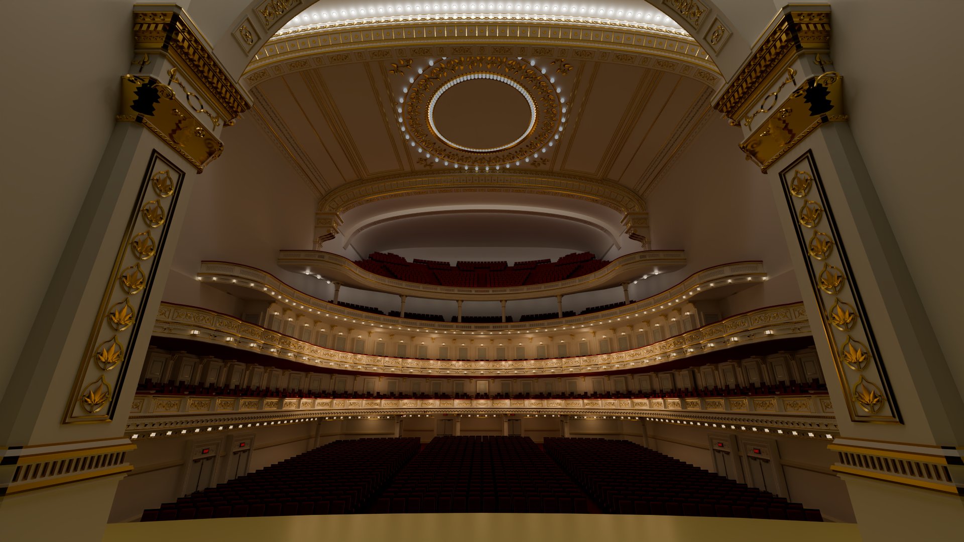 Final render from the stage of the rebuilt Stern Auditorium, looking out over the parquet, the tiers and the domed ceiling.