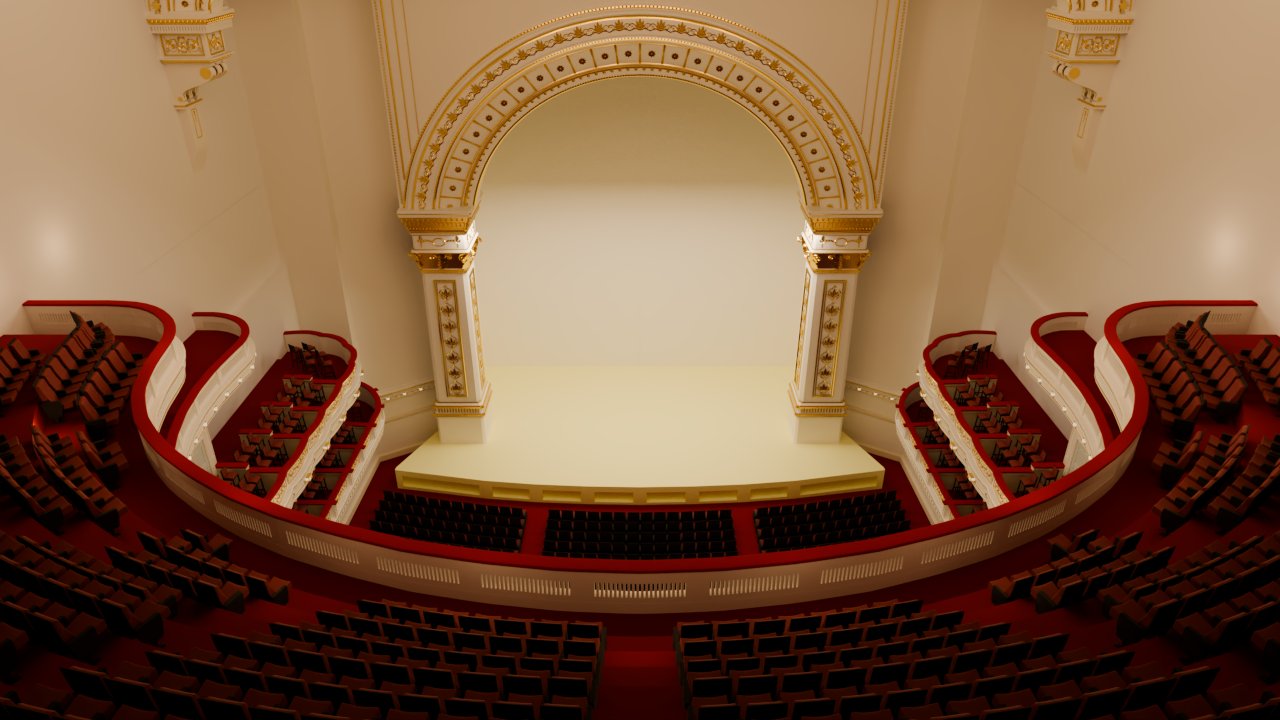 Render from the balcony looking down the horseshoe to the stage arch
