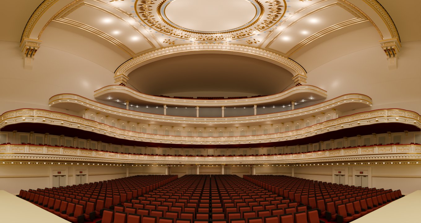 Render from the stage showing the tiers and the ceiling rose