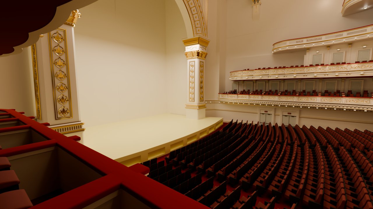 Render from a box over the velvet rail toward the stage