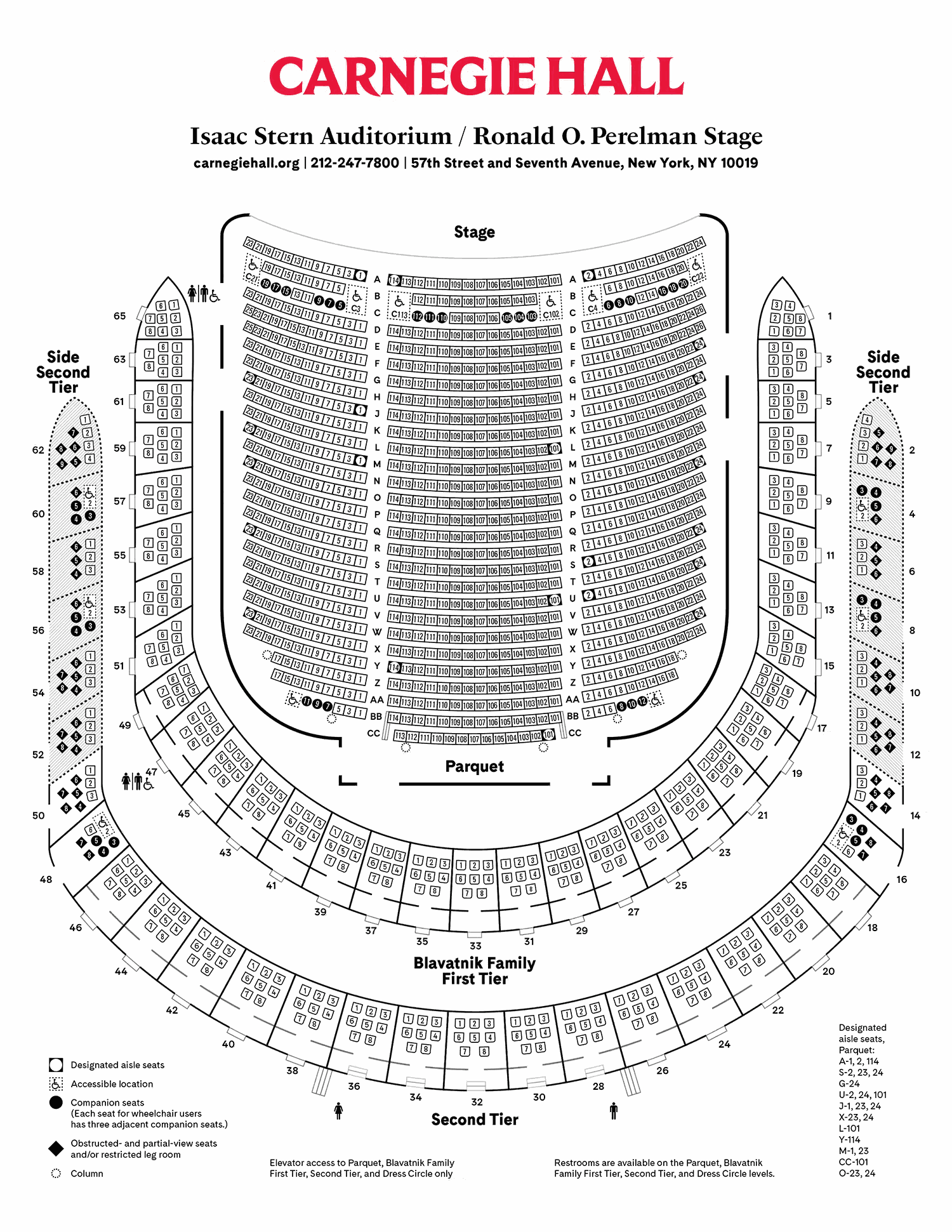 Carnegie Hall's official seating chart, page one: the parquet, the Blavatnik Family First Tier boxes and the Second Tier boxes around the stage