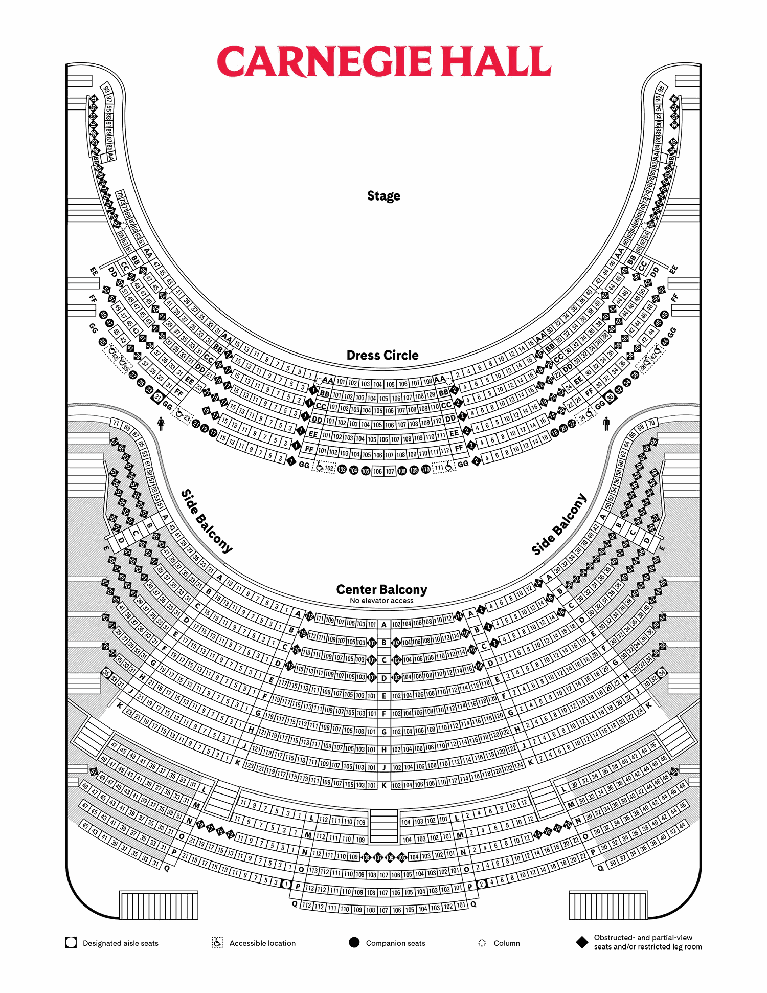 Carnegie Hall's official seating chart, page two: the dress circle and the centre and side balcony