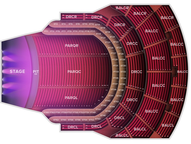 Colour ticketing map of the hall with the stage on the left, showing parquet, tier box, dress circle and balcony sections