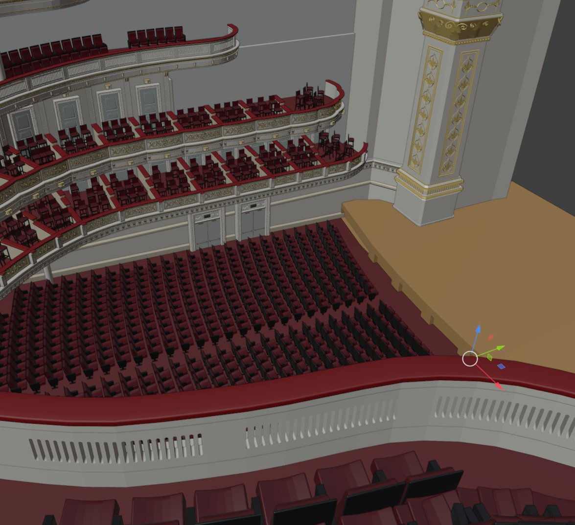 Blender viewport showing tiers, seats and a column