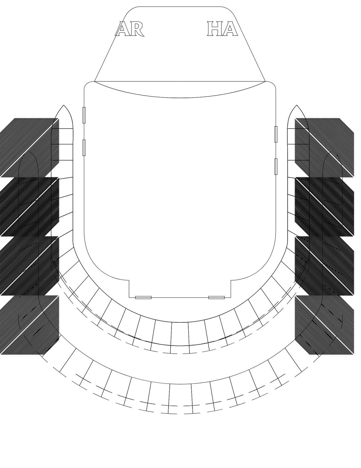 Line drawing of the auditorium plan with stage house, parquet and tier box divisions