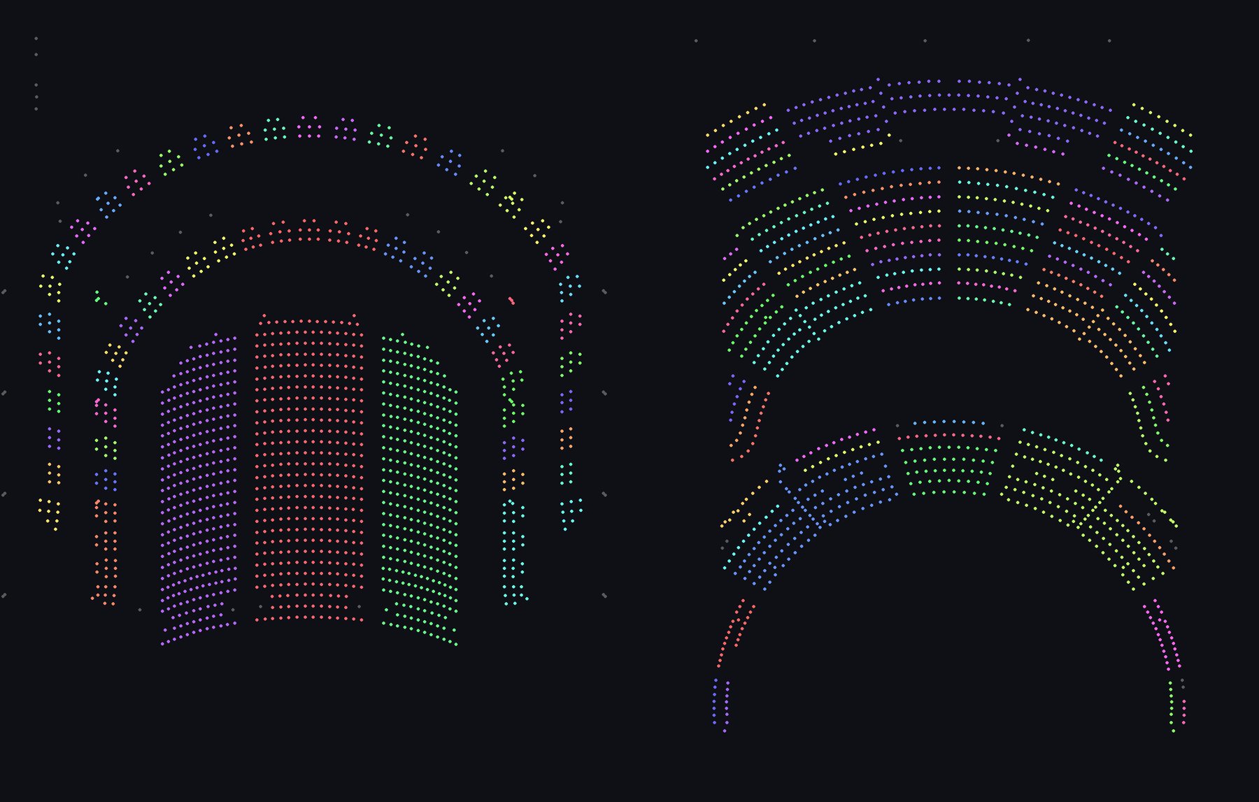 Dots on a dark background forming the seat layout of the hall, coloured by section