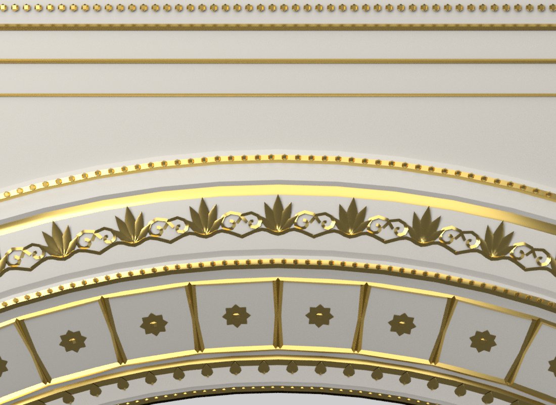 Close-up of the arch mouldings: bead runs, rinceau band and coffers