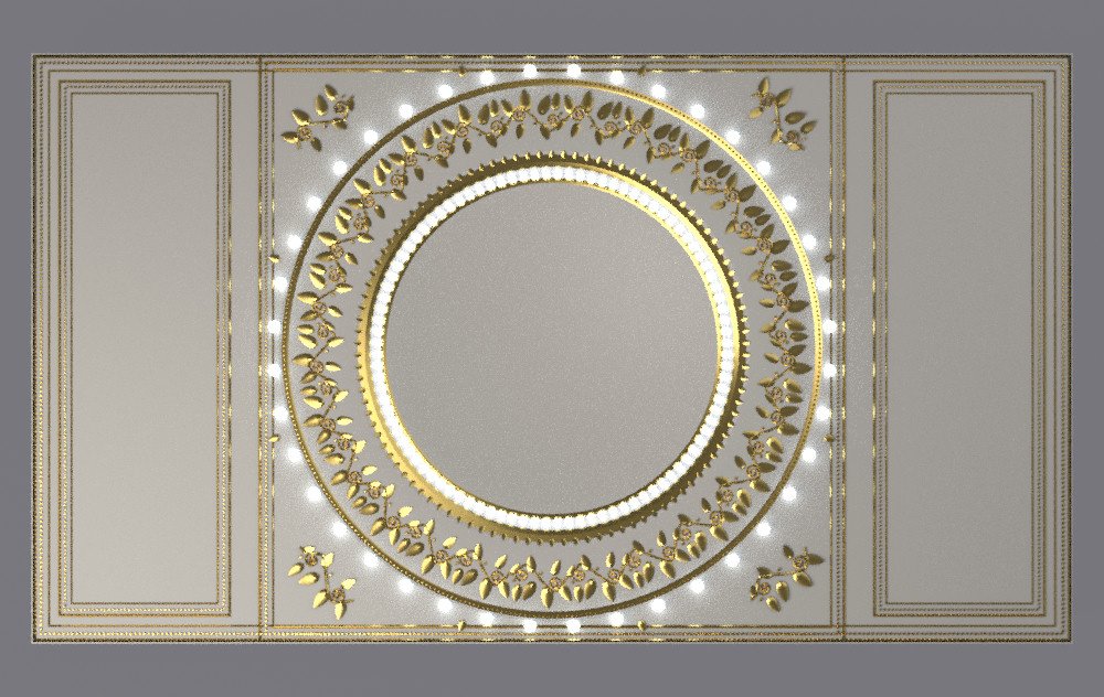 Final ceiling panel, rectangular with side panels and lit rings