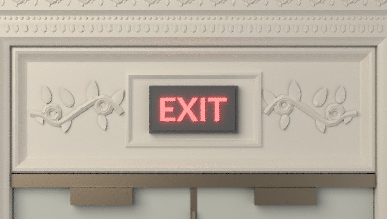 Close-up of the transom with rinceau and a glowing EXIT sign