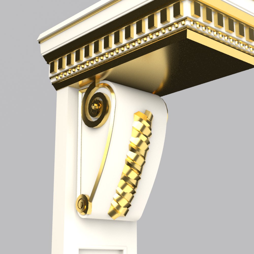 Close-up of the scrolled console with gold rope and dentil cornice