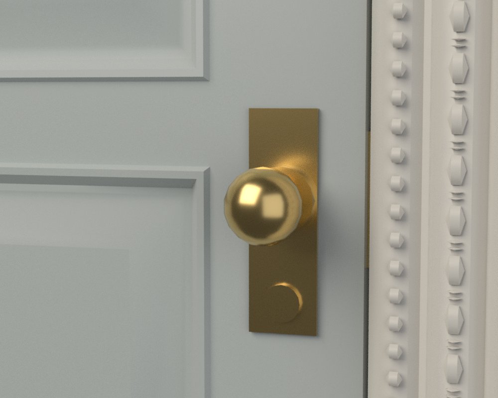 Close-up of a brass doorknob and bead-and-reel frame