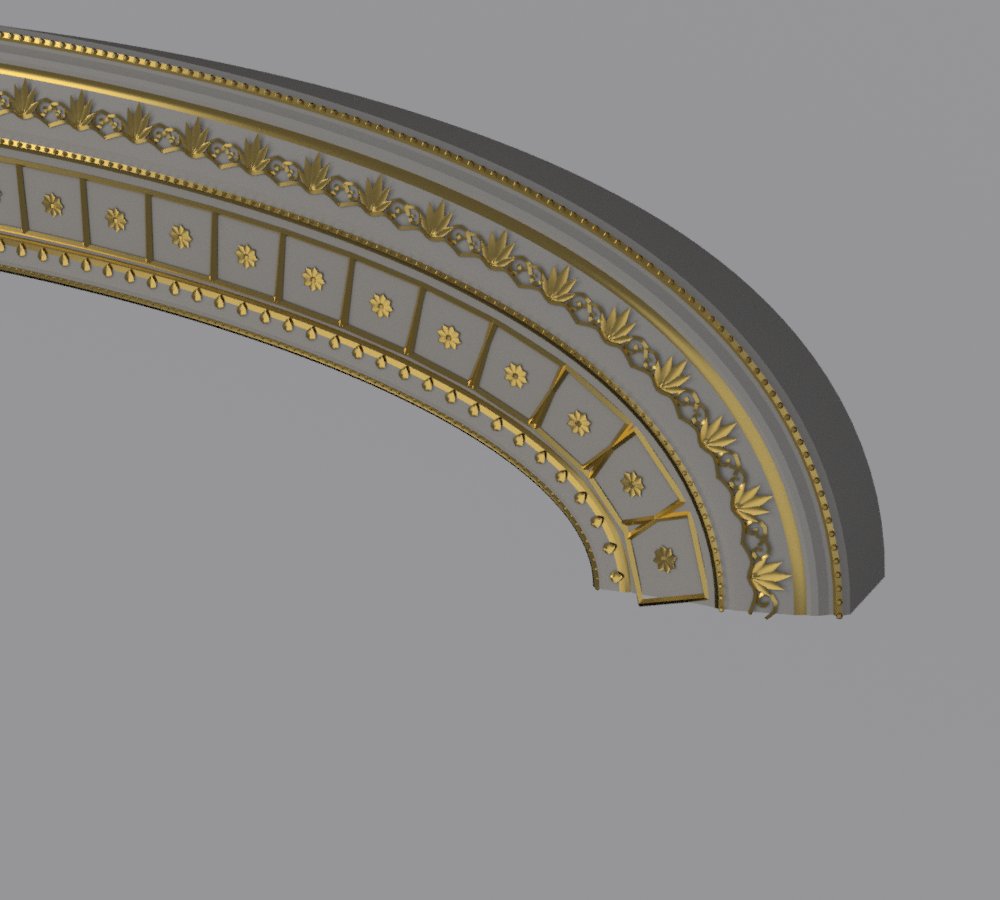 Final proscenium springing with coffered soffit and gold rinceau