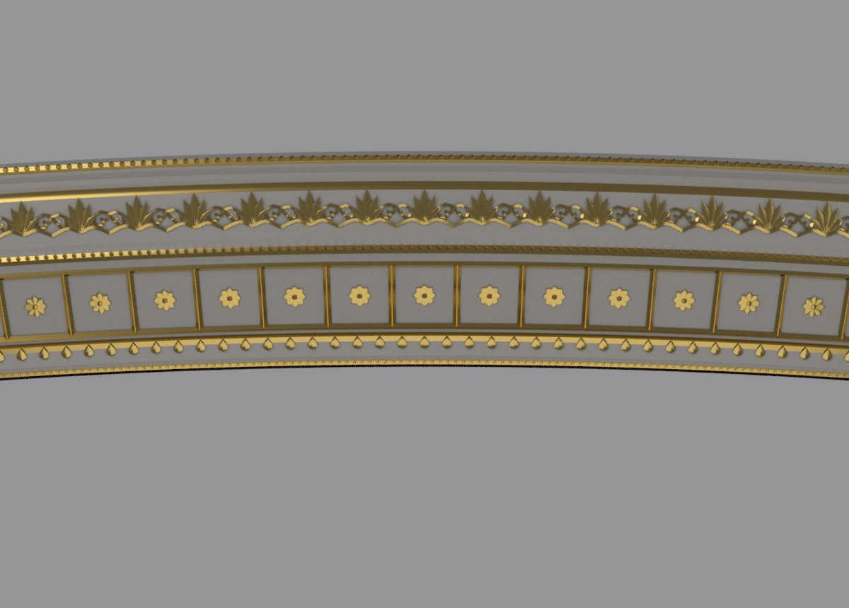 Close-up of the proscenium band: palmettes, bead runs and coffers
