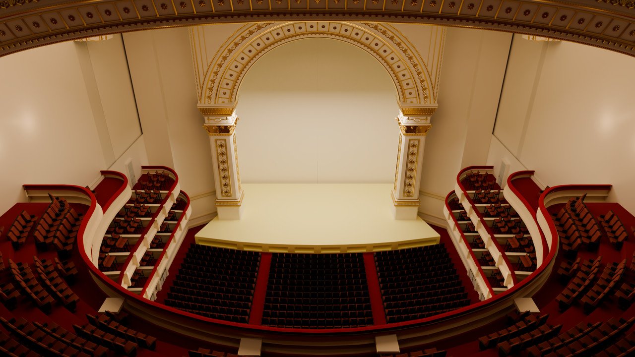 Render of the hall with all seats placed, before ornament