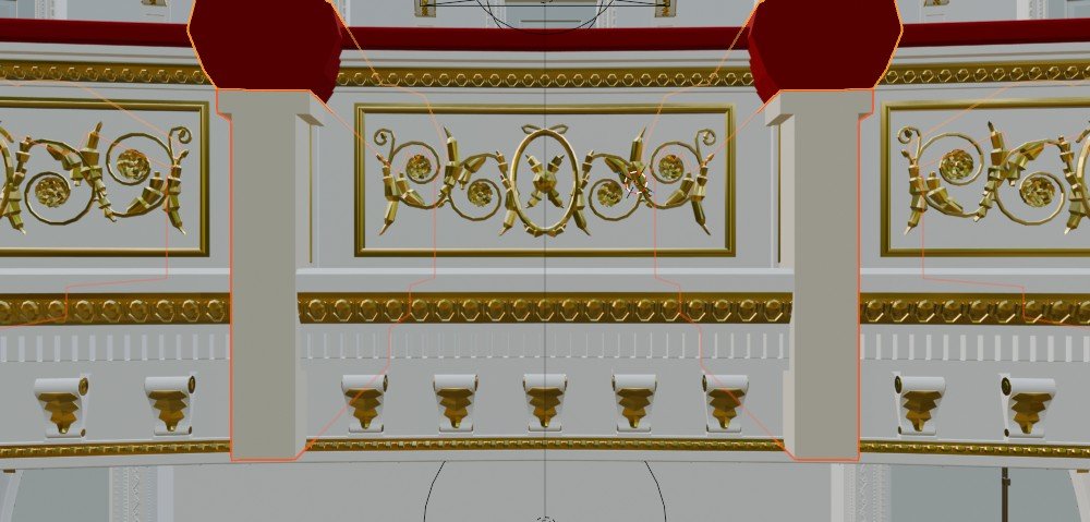 First generated parapet with gold panels, pilasters and brackets