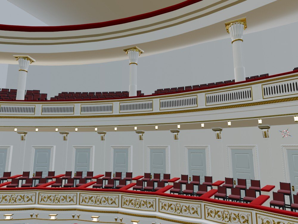 Dress circle parapet with oval slots and lamps