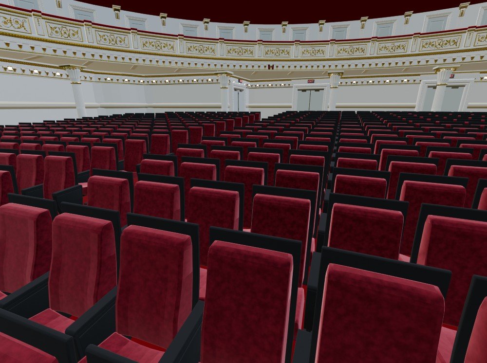 Close view of red velvet seats in the parquet