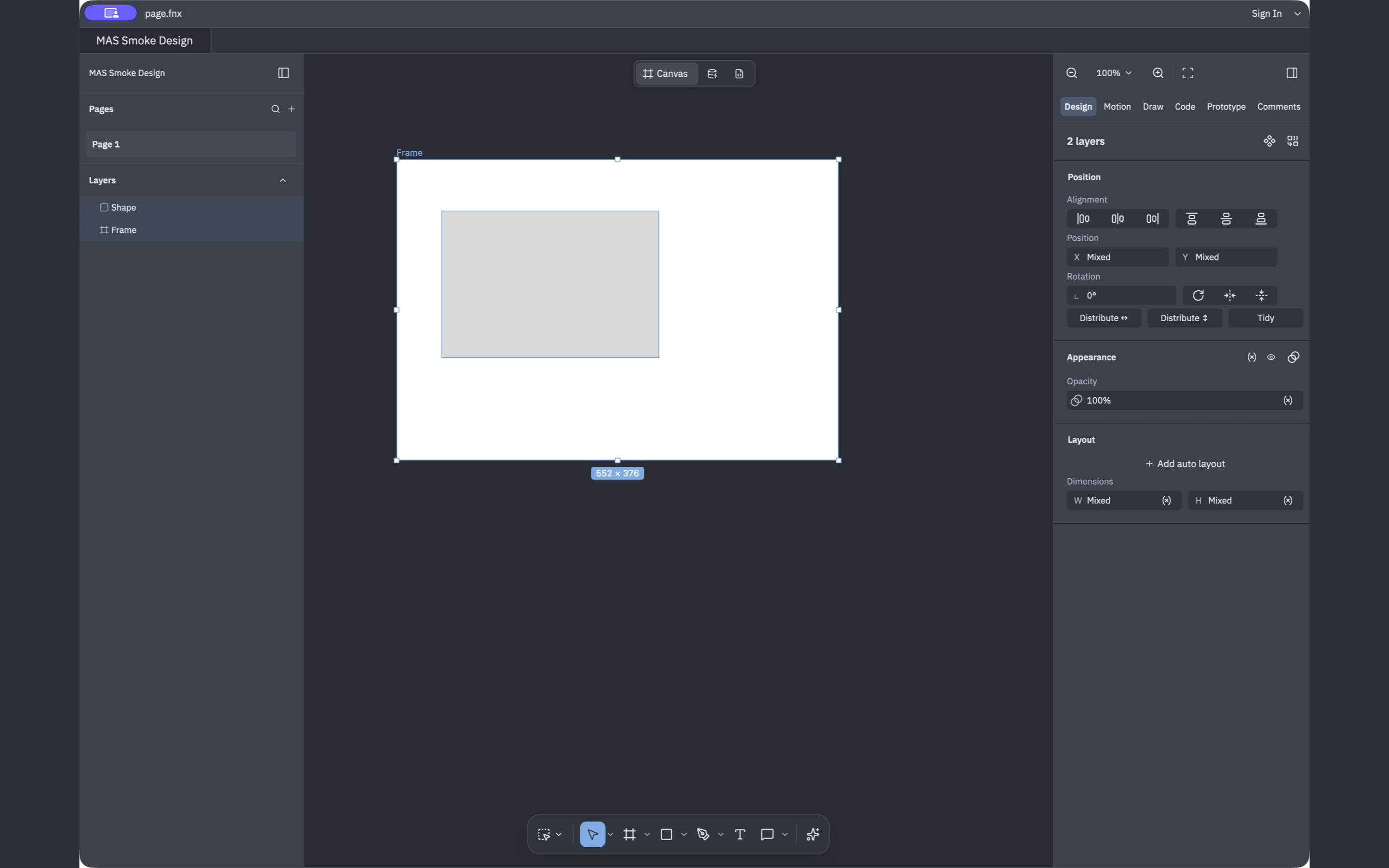 Fanta Mac test build showing a selected frame, a gray shape, a layers list and the design inspector